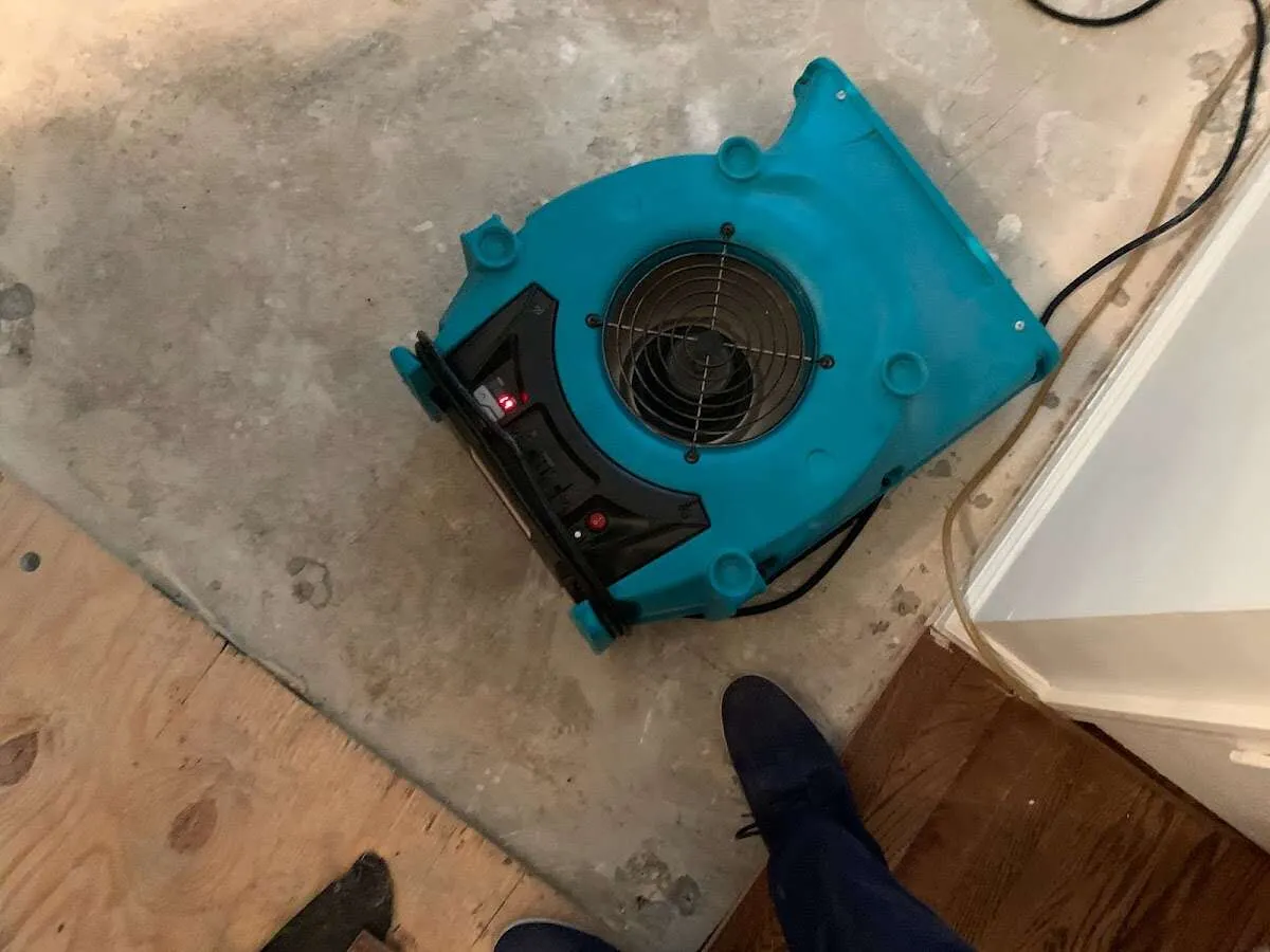 Air mover drying subfloor during Leak Detection & Repair in Gainesville